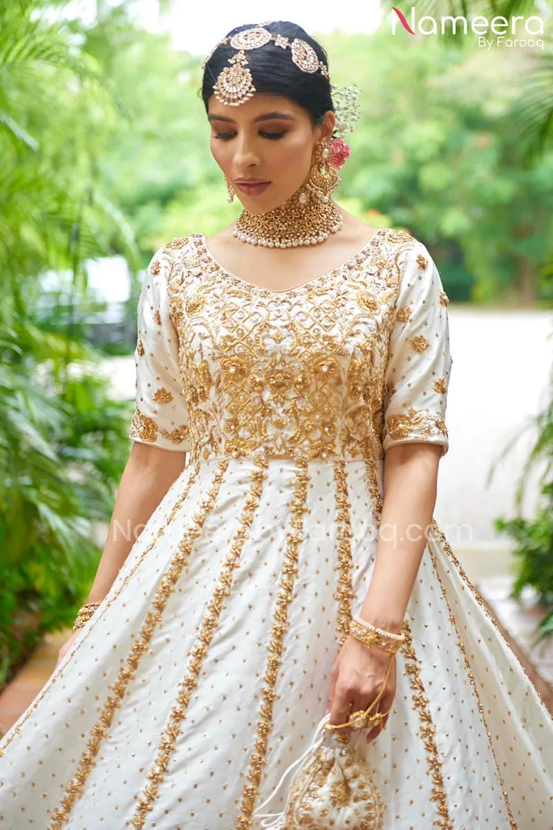Raw Silk White Pakistani Bridal Gown with Lehnga #BS575