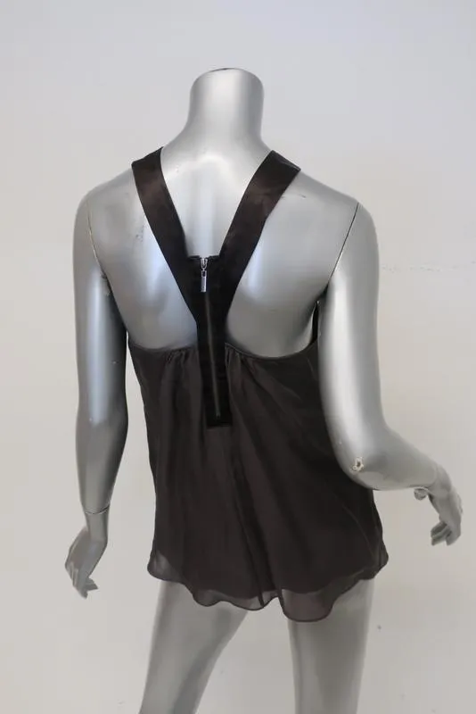 Rebecca Taylor Top Dark Gray Silk Size 6 Y-Neck Ruffle-Detail Tank