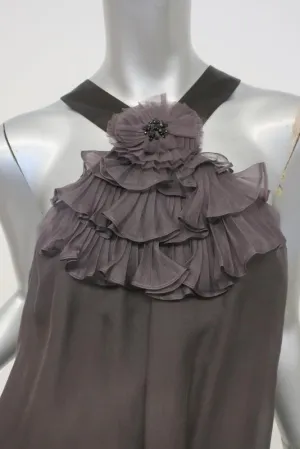 Rebecca Taylor Top Dark Gray Silk Size 6 Y-Neck Ruffle-Detail Tank