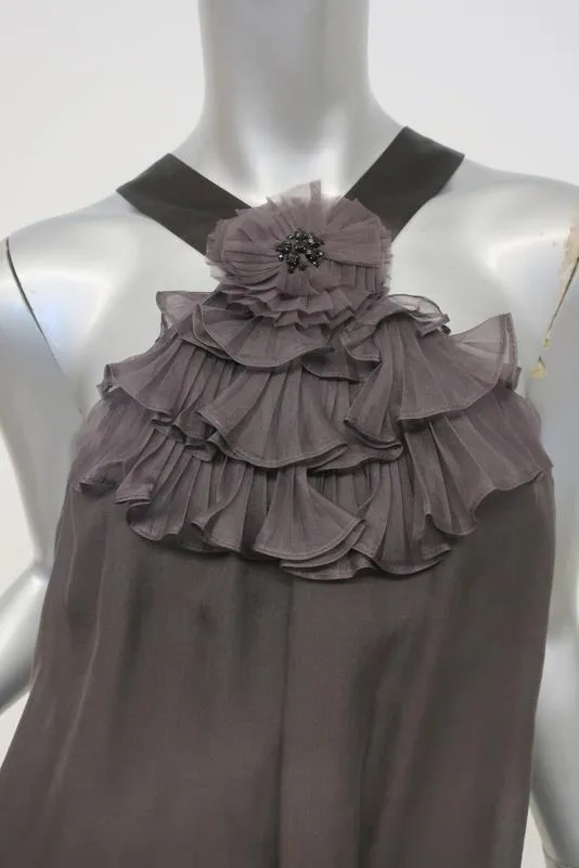 Rebecca Taylor Top Dark Gray Silk Size 6 Y-Neck Ruffle-Detail Tank
