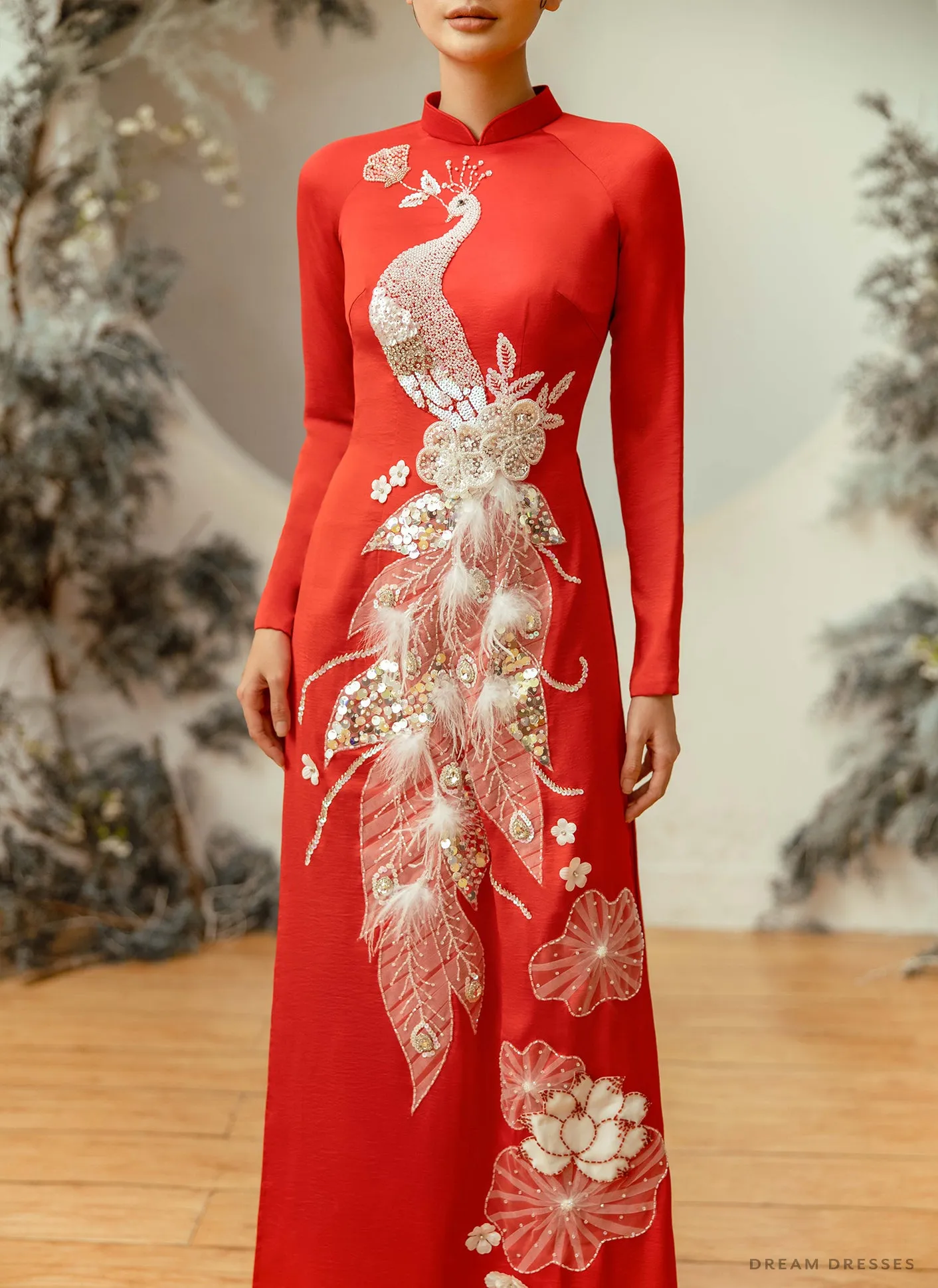 Red Bridal Ao Dai | Vietnamese Traditional Bridal Dress with Embellishments (#MONALISA)