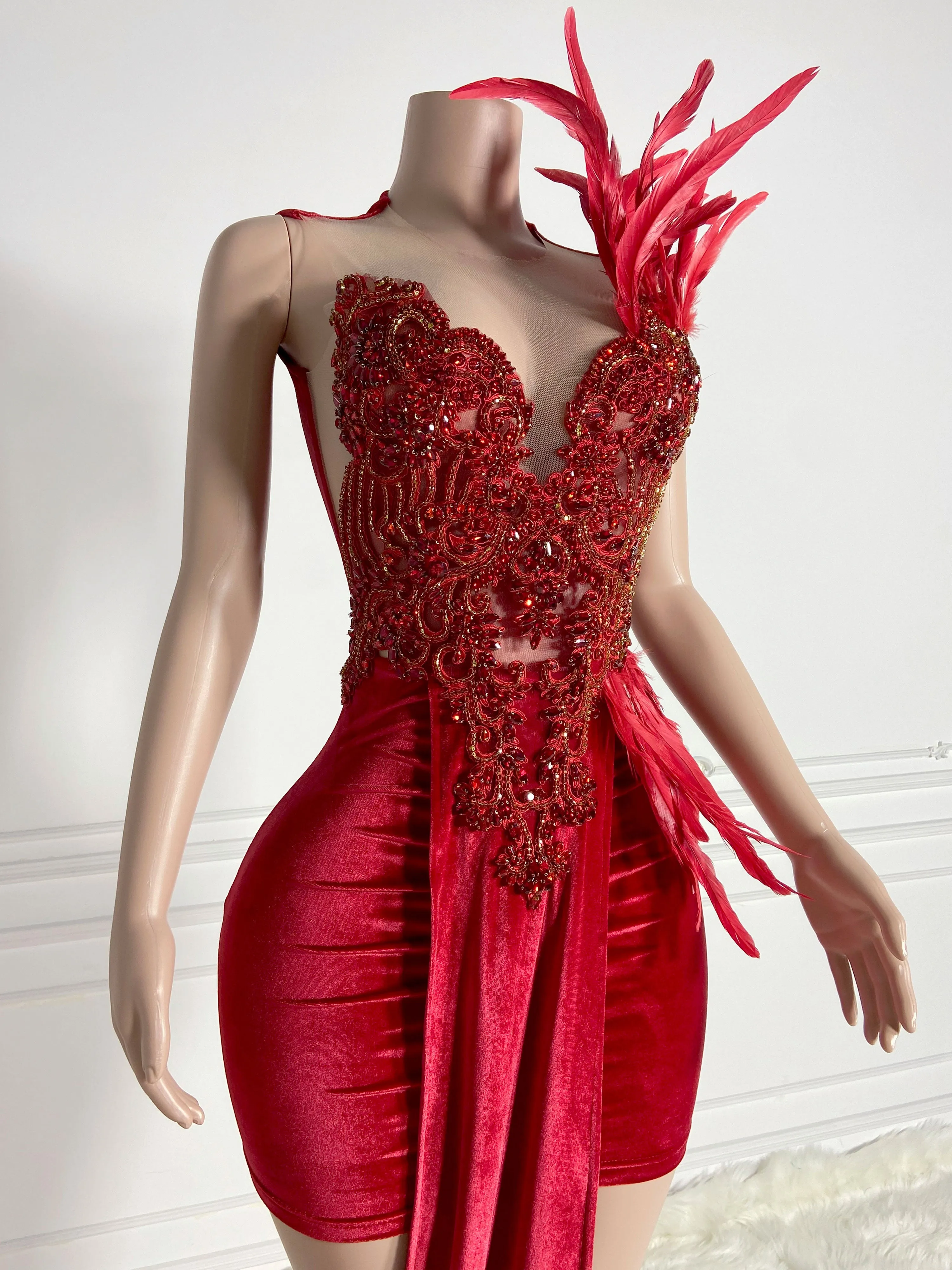 Red Feathered Sleeveless Mini Dress
