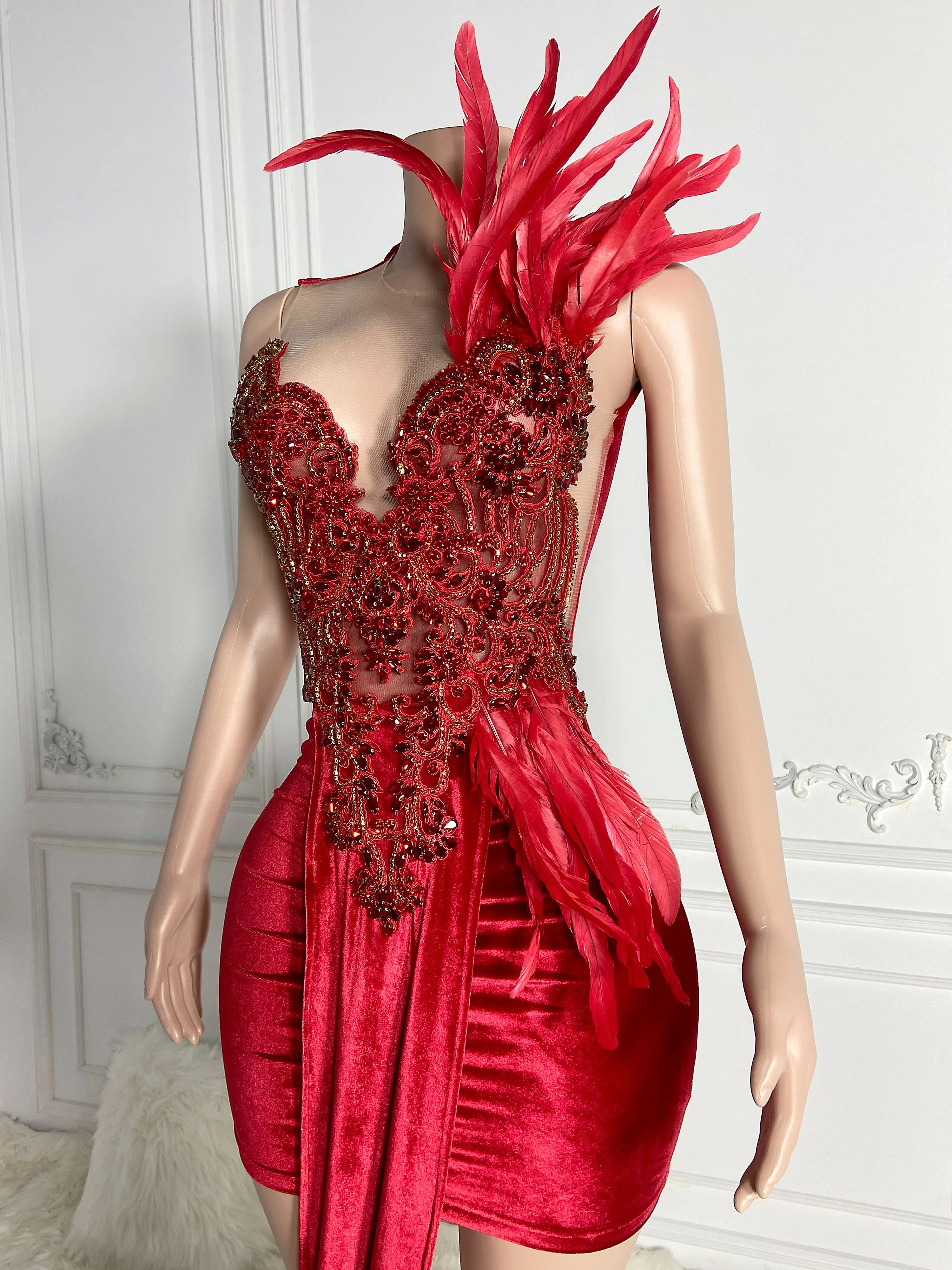 Red Feathered Sleeveless Mini Dress