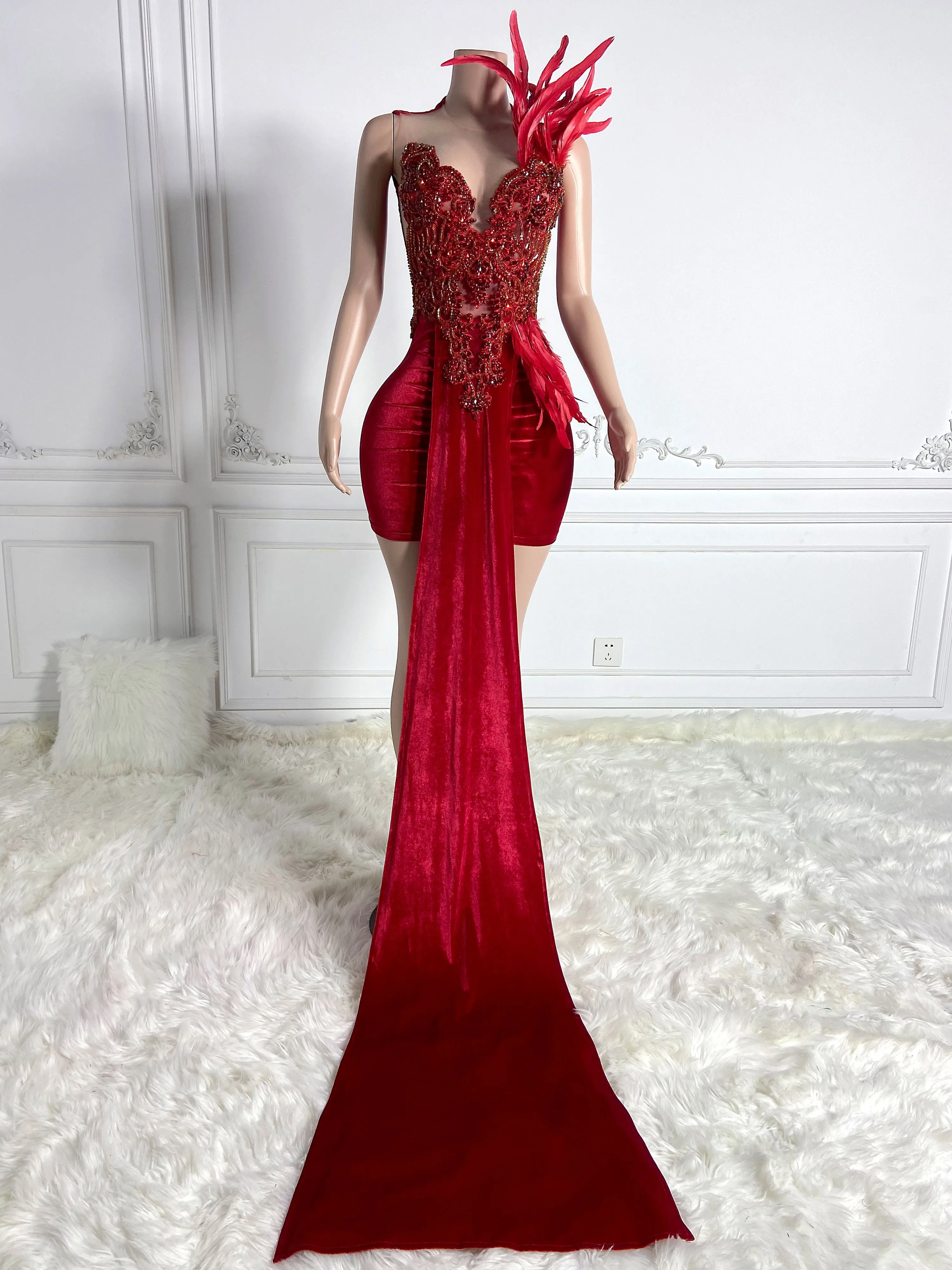 Red Feathered Sleeveless Mini Dress