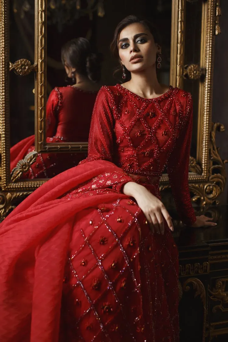 Red Lehenga Gown and Dupatta Pakistani Bridal Dress