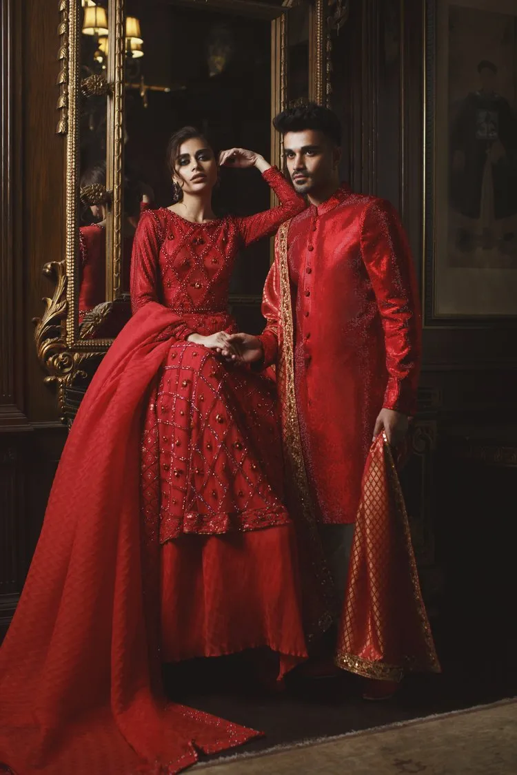 Red Lehenga Gown and Dupatta Pakistani Bridal Dress