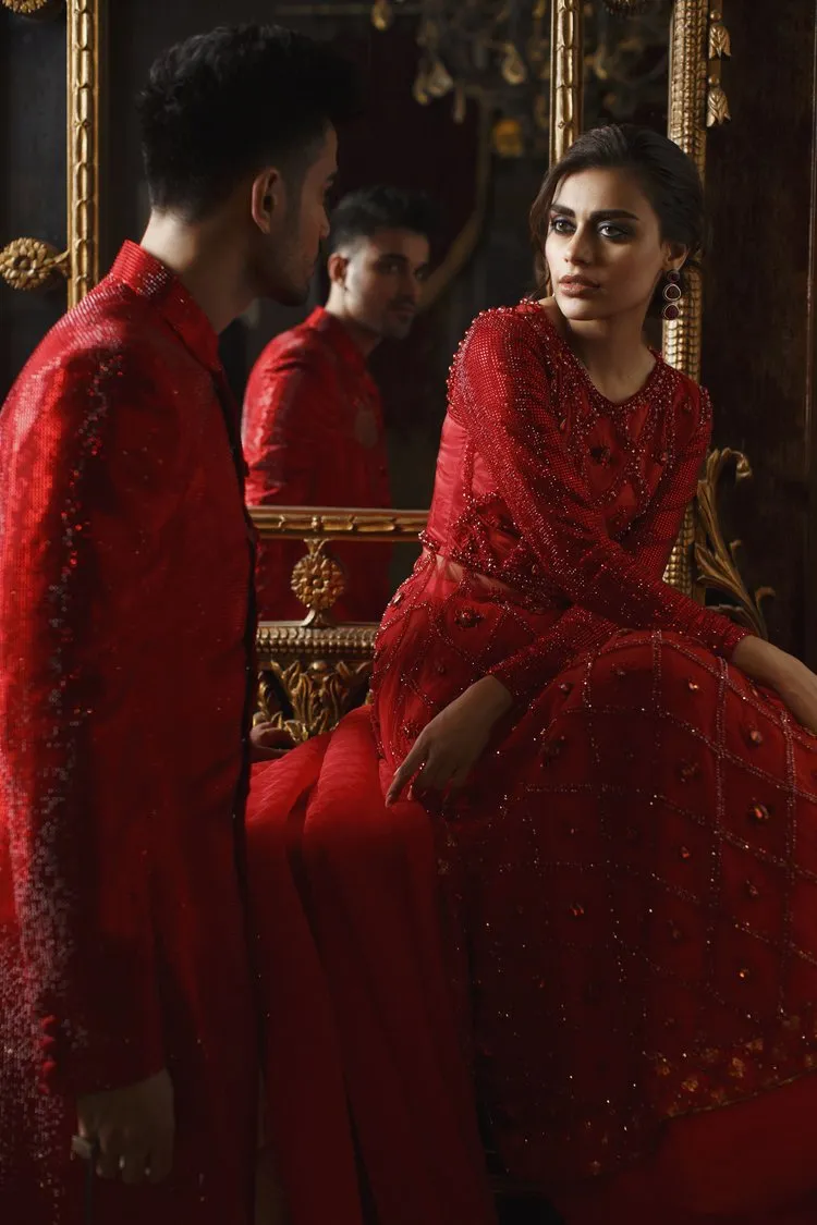 Red Lehenga Gown and Dupatta Pakistani Bridal Dress
