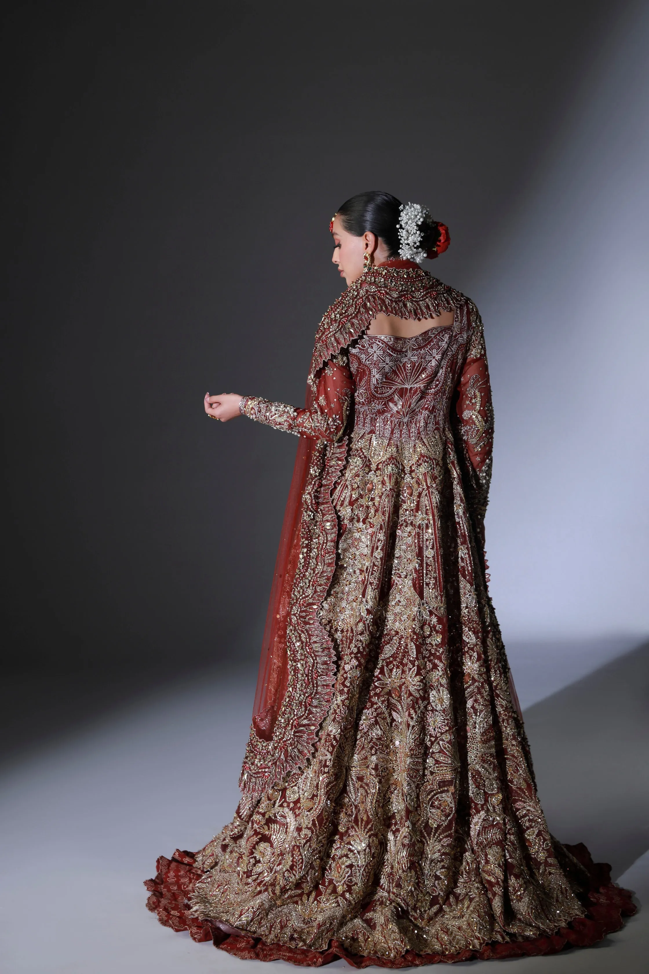 Red Pakistani Bridal Dress in Open Gown Lehenga Style