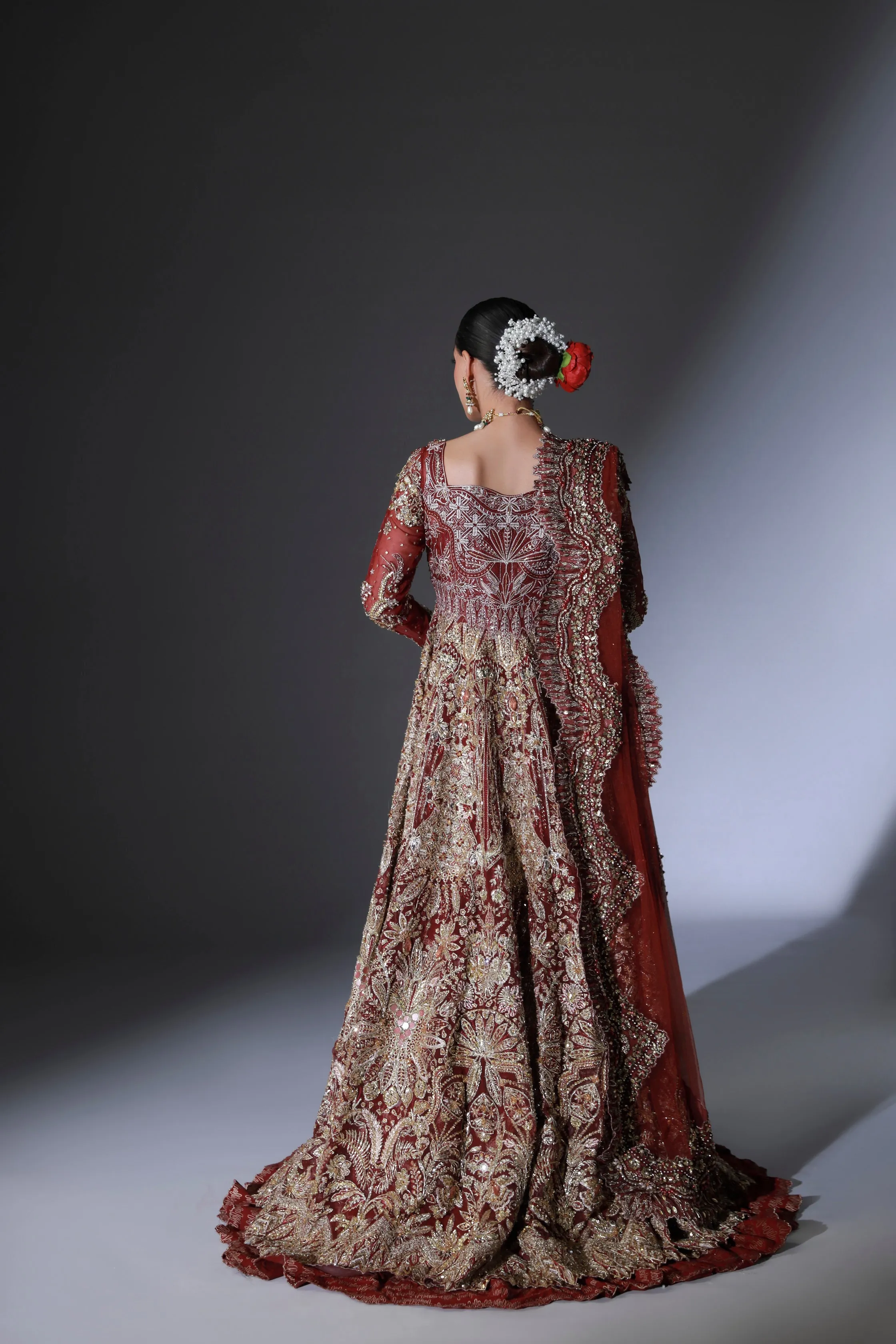 Red Pakistani Bridal Dress in Open Gown Lehenga Style