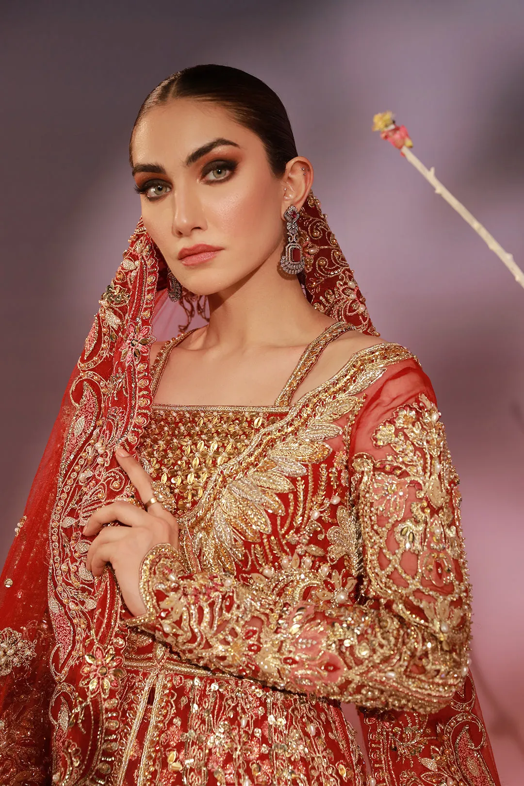 Red Pakistani Bridal Dress in Open Gown Lehenga Style