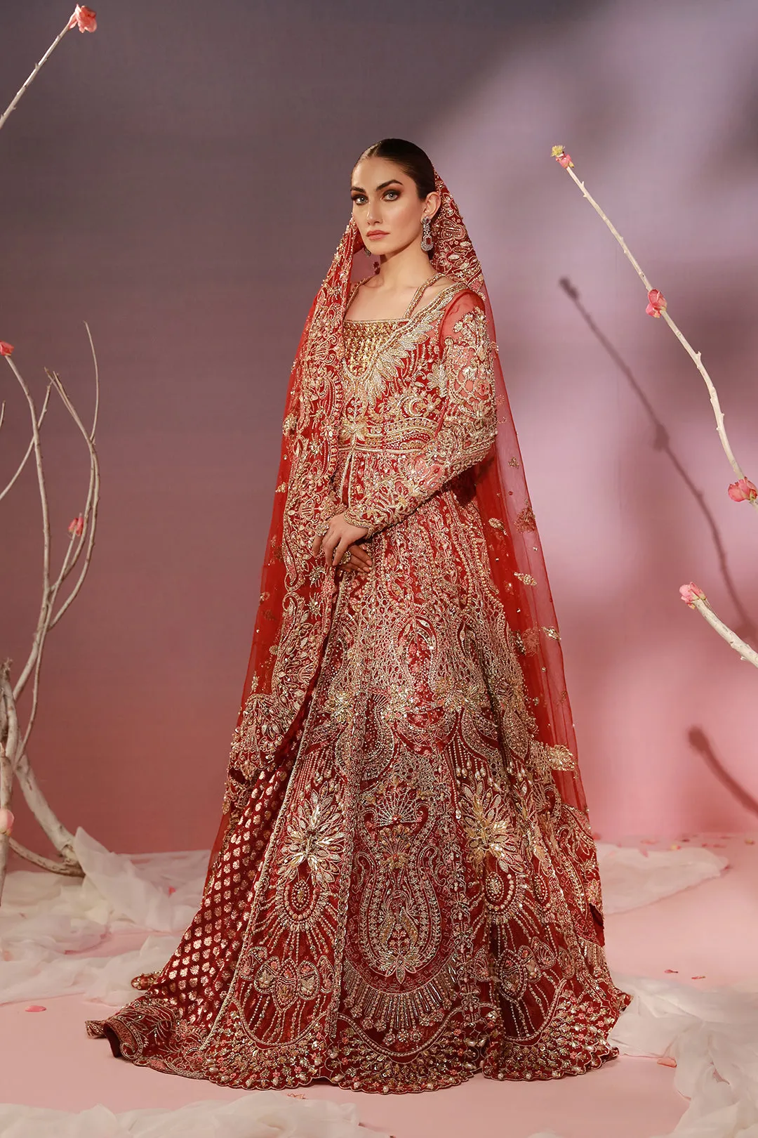 Red Pakistani Bridal Dress in Open Gown Lehenga Style
