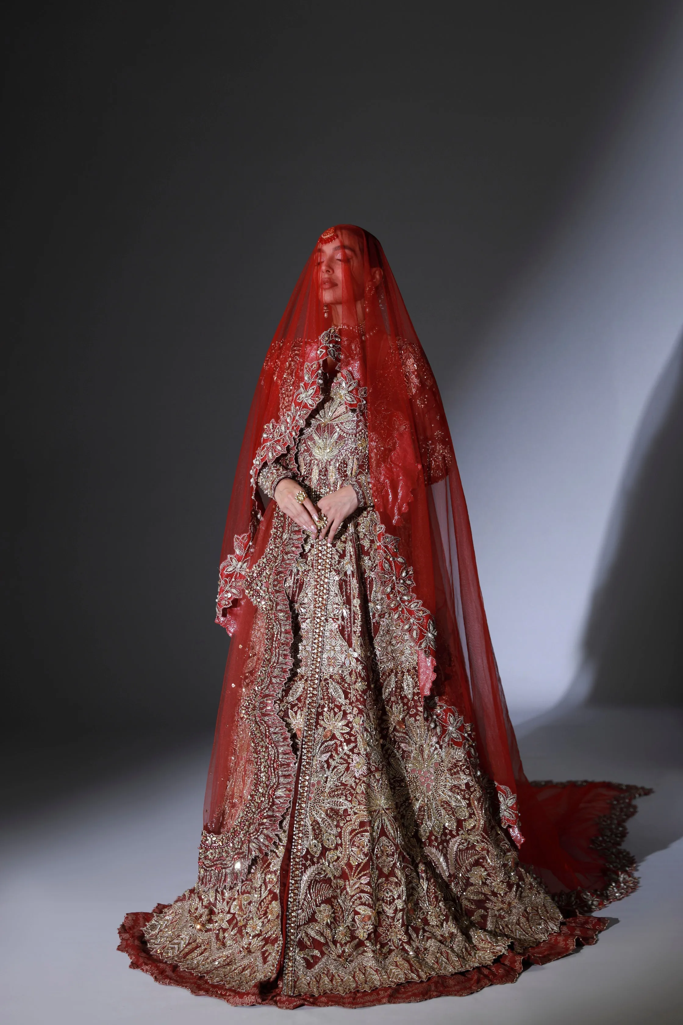 Red Pakistani Bridal Dress in Open Gown Lehenga Style