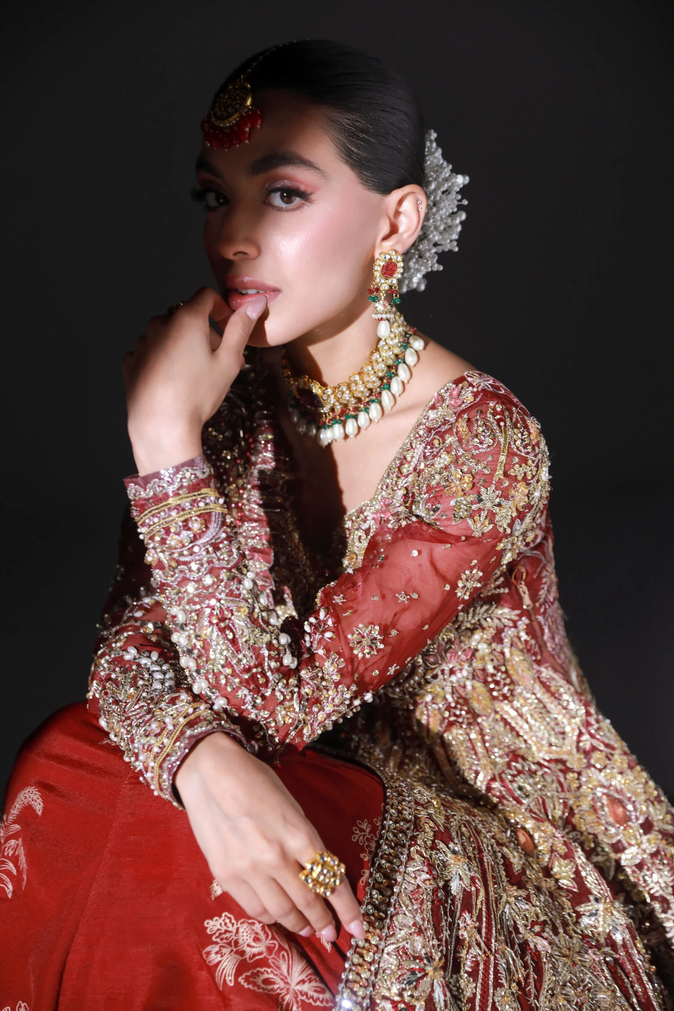 Red Pakistani Bridal Dress in Open Gown Lehenga Style
