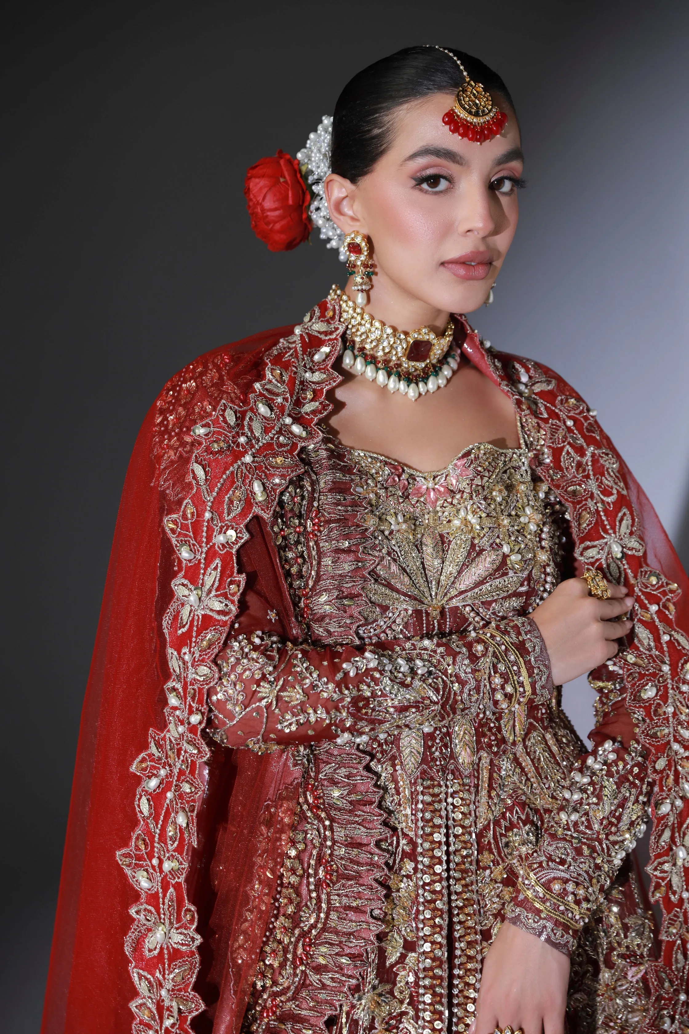 Red Pakistani Bridal Dress in Open Gown Lehenga Style
