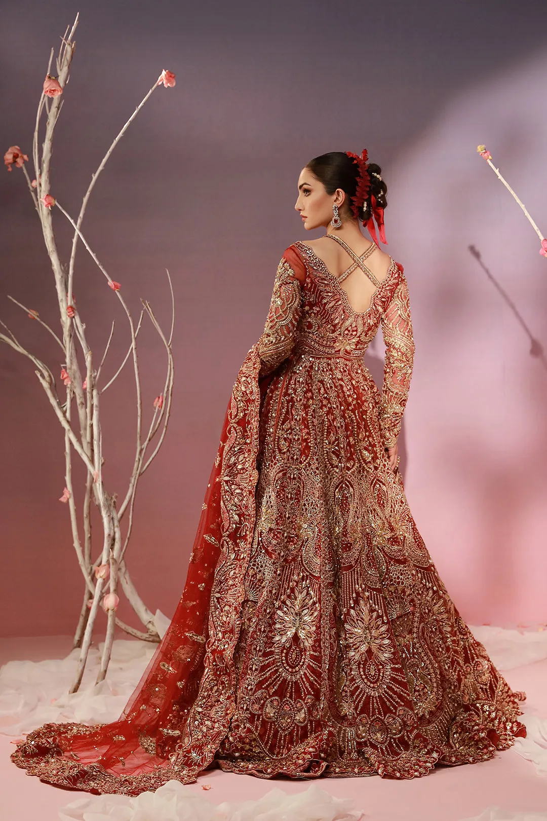 Red Pakistani Bridal Dress in Open Gown Lehenga Style