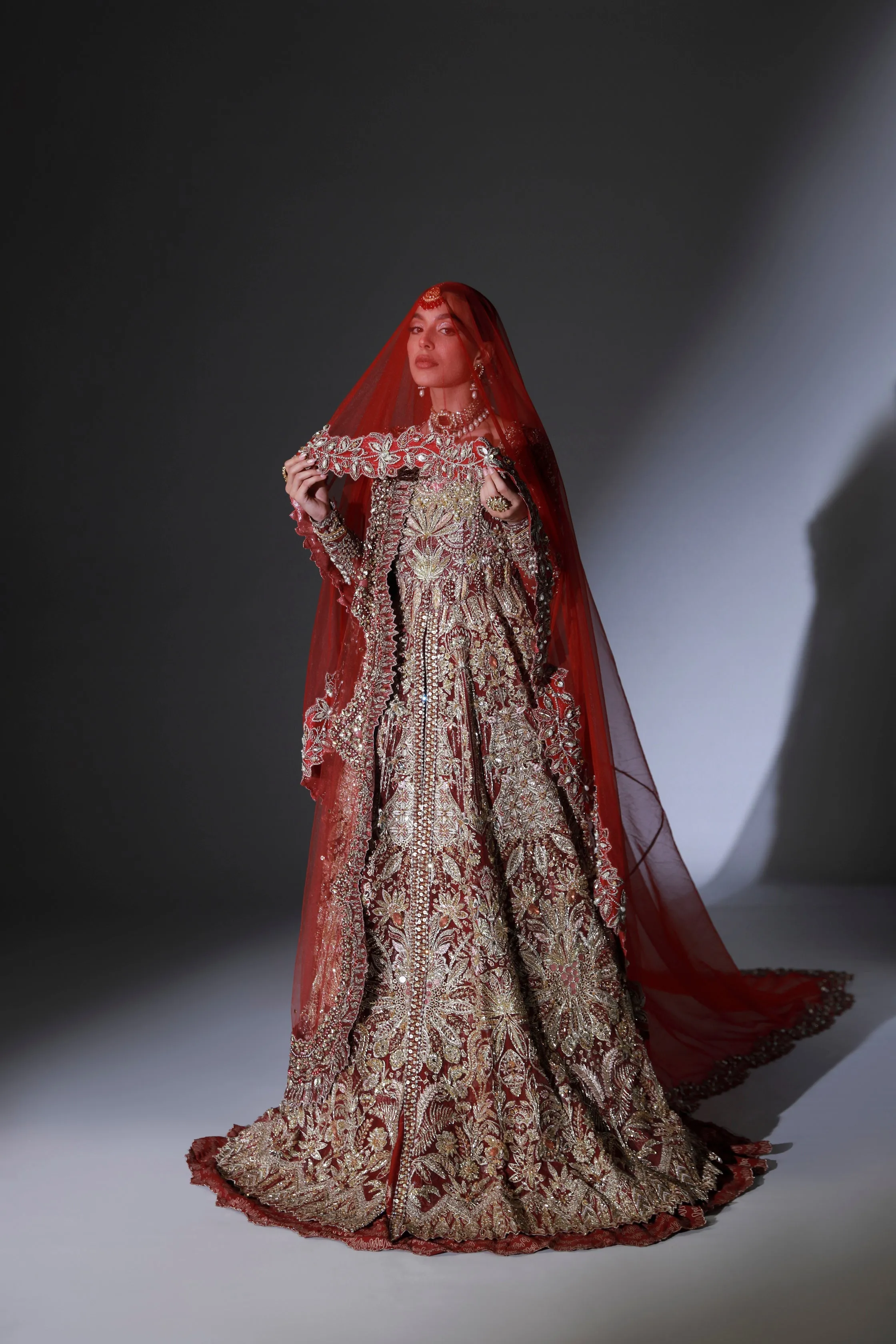 Red Pakistani Bridal Dress in Open Gown Lehenga Style