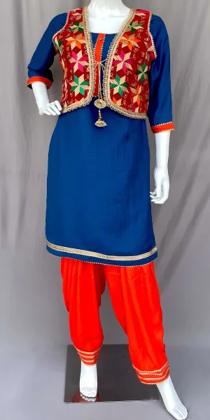 Red Phulkari Jacket with Patiala Salwar and Kurta, Bhangra dress for women, Gidda dress for women