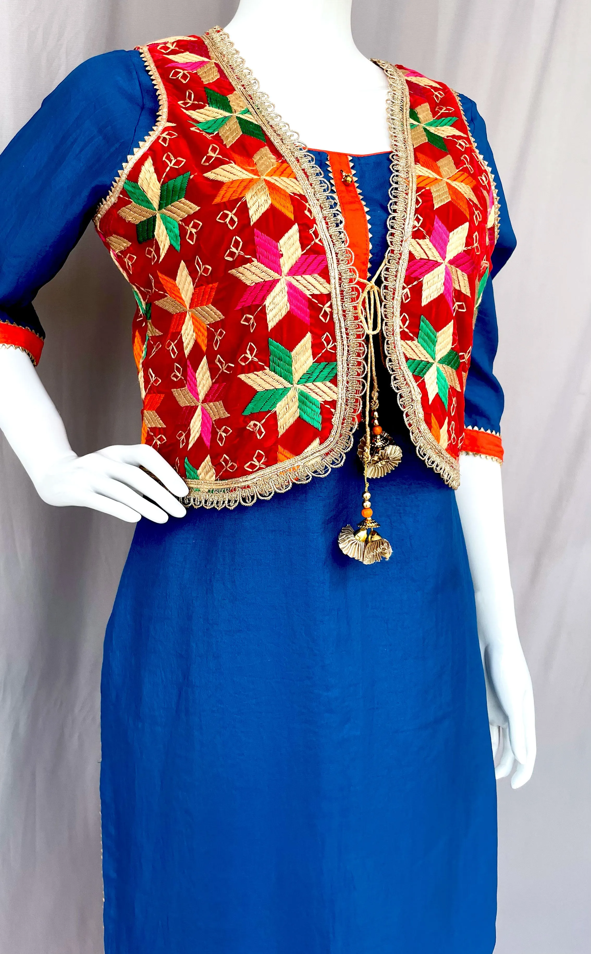 Red Phulkari Jacket with Patiala Salwar and Kurta, Bhangra dress for women, Gidda dress for women