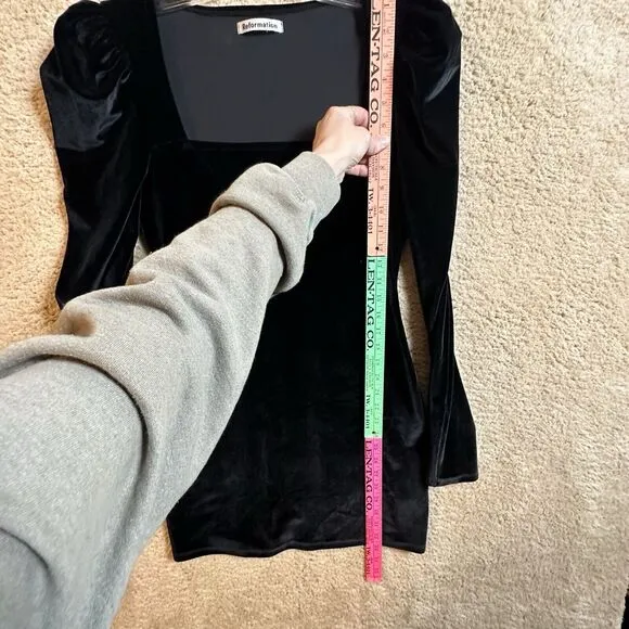 Reformation Lunar Square Neck Puff Sleeve Black Velvet Long Sleeve Mini Dress M