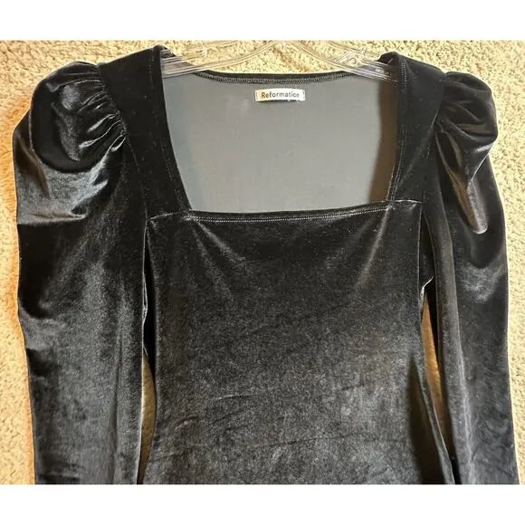 Reformation Lunar Square Neck Puff Sleeve Black Velvet Long Sleeve Mini Dress M
