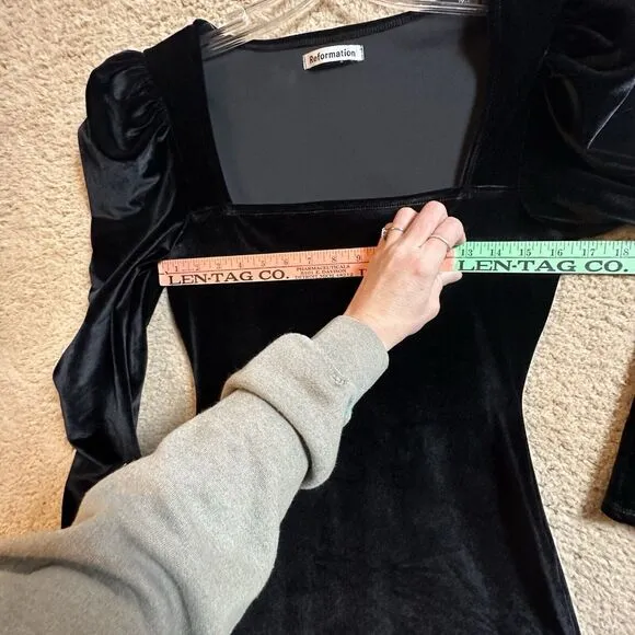 Reformation Lunar Square Neck Puff Sleeve Black Velvet Long Sleeve Mini Dress M
