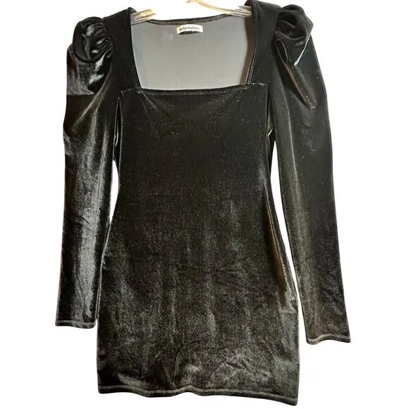 Reformation Lunar Square Neck Puff Sleeve Black Velvet Long Sleeve Mini Dress M