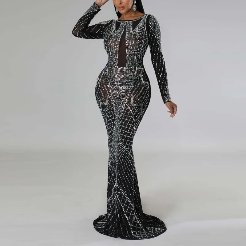 Rhinestone Long Sleeve Backless Maxi Dress