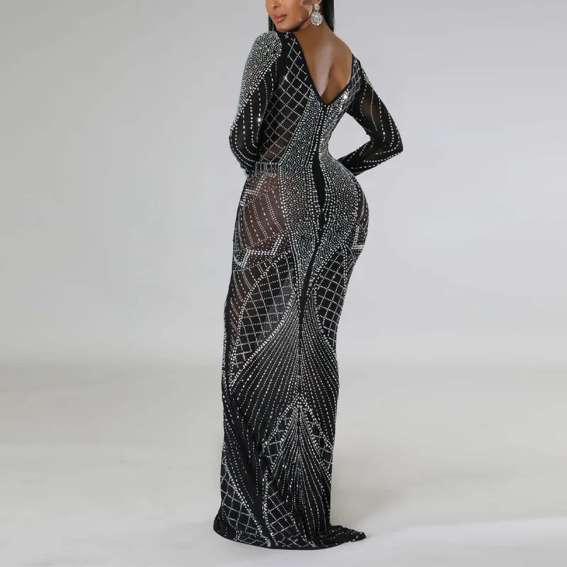 Rhinestone Long Sleeve Backless Maxi Dress