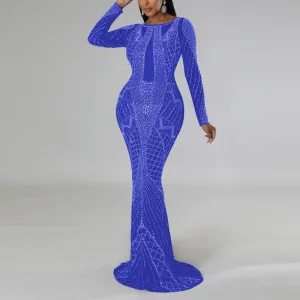 Rhinestone Long Sleeve Backless Maxi Dress