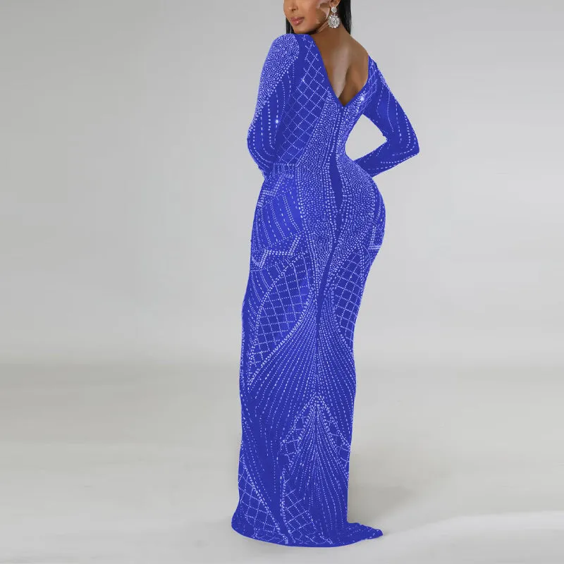 Rhinestone Long Sleeve Backless Maxi Dress