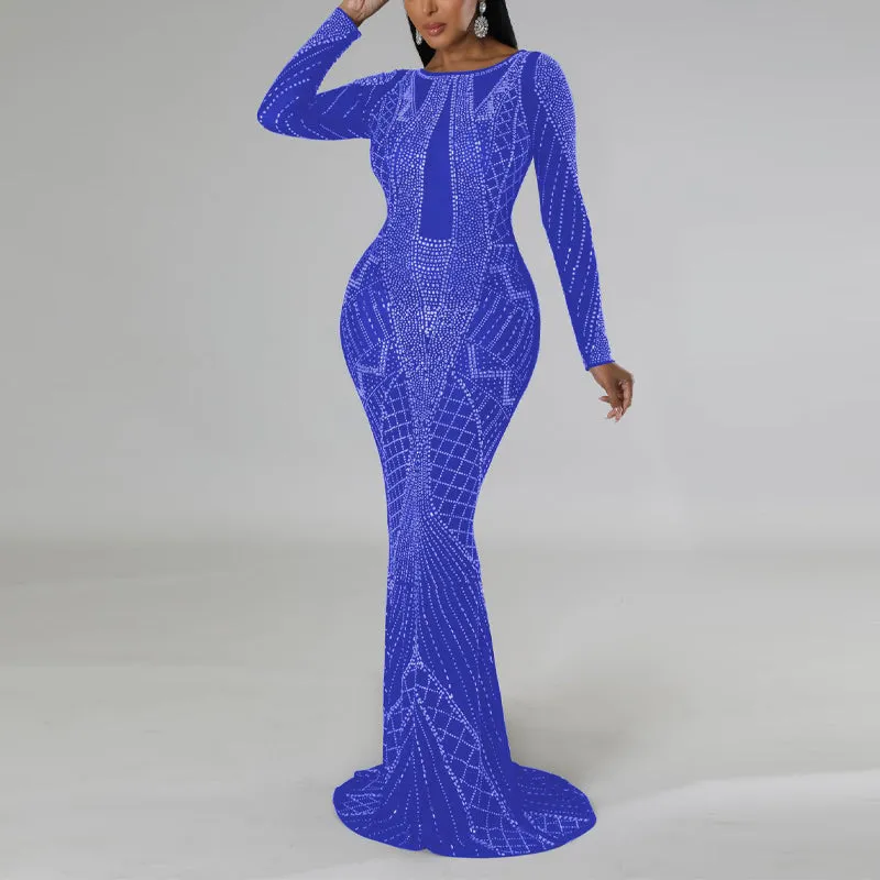 Rhinestone Long Sleeve Backless Maxi Dress
