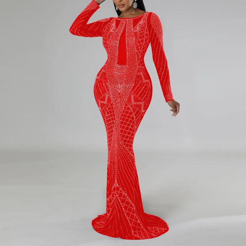 Rhinestone Long Sleeve Backless Maxi Dress