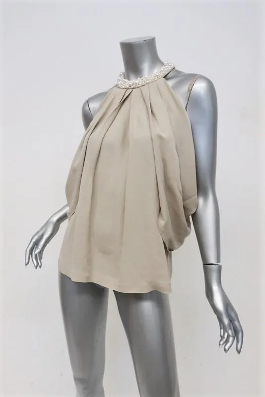 Robert Rodriguez Pearl-Neck Top Beige Draped Silk Size 6 Sleeveless Blouse
