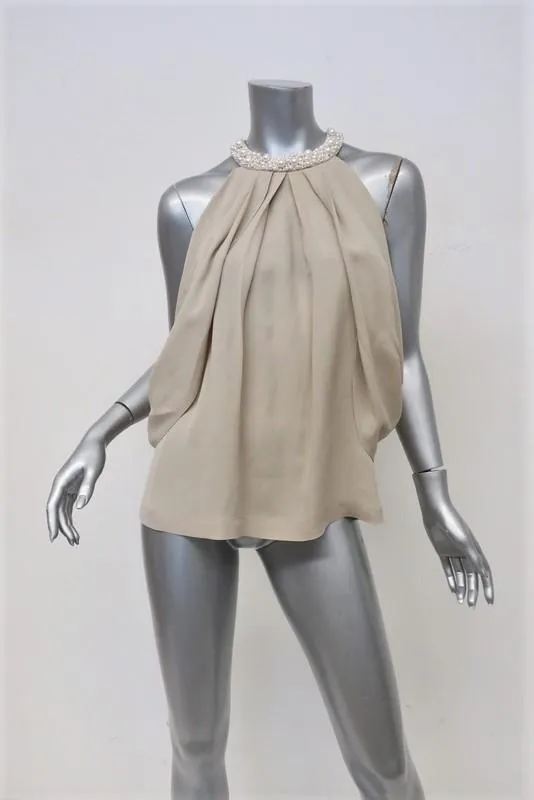 Robert Rodriguez Pearl-Neck Top Beige Draped Silk Size 6 Sleeveless Blouse