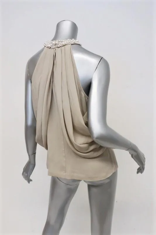 Robert Rodriguez Pearl-Neck Top Beige Draped Silk Size 6 Sleeveless Blouse