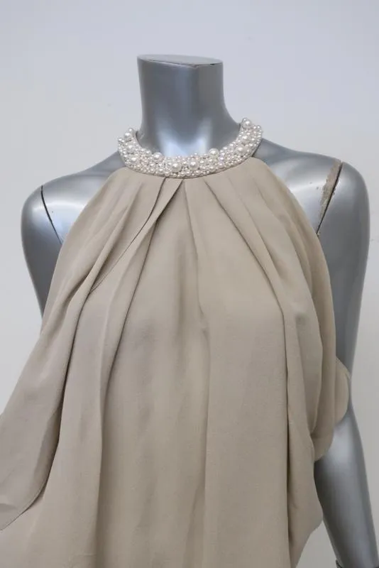 Robert Rodriguez Pearl-Neck Top Beige Draped Silk Size 6 Sleeveless Blouse