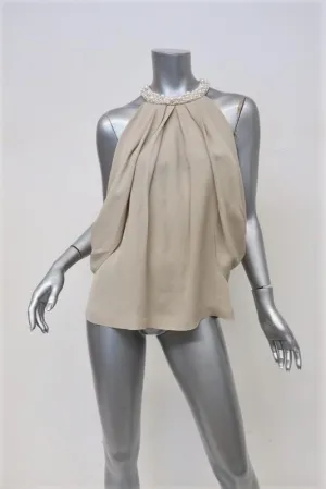 Robert Rodriguez Pearl-Neck Top Beige Draped Silk Size 6 Sleeveless Blouse