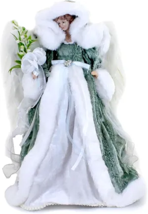Roman Angel Tree Topper with Velvet Dress, Green, White, 16" Height, Polyester
