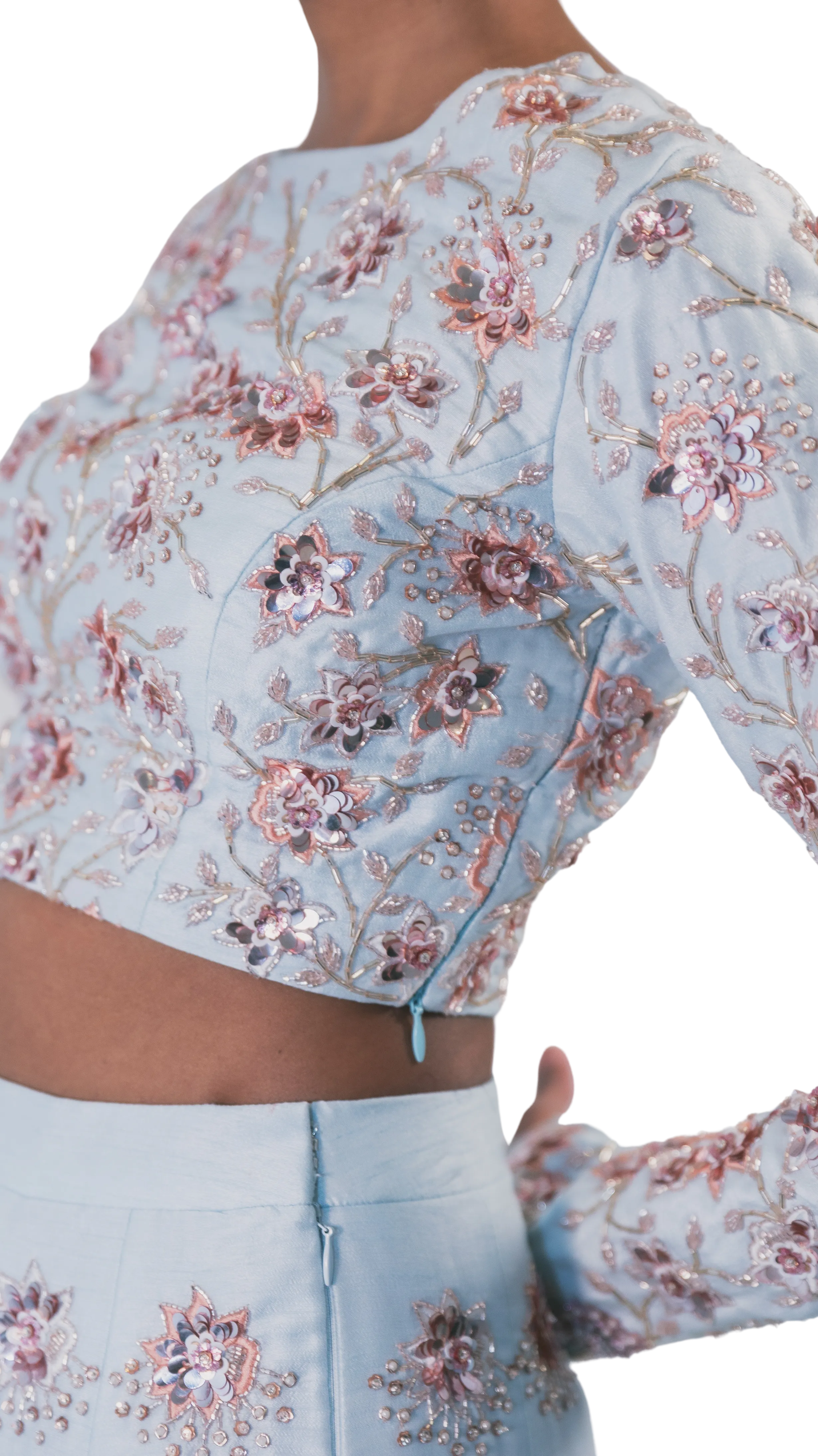 Rose Gold Floral Beaded Powder Blue Lehenga