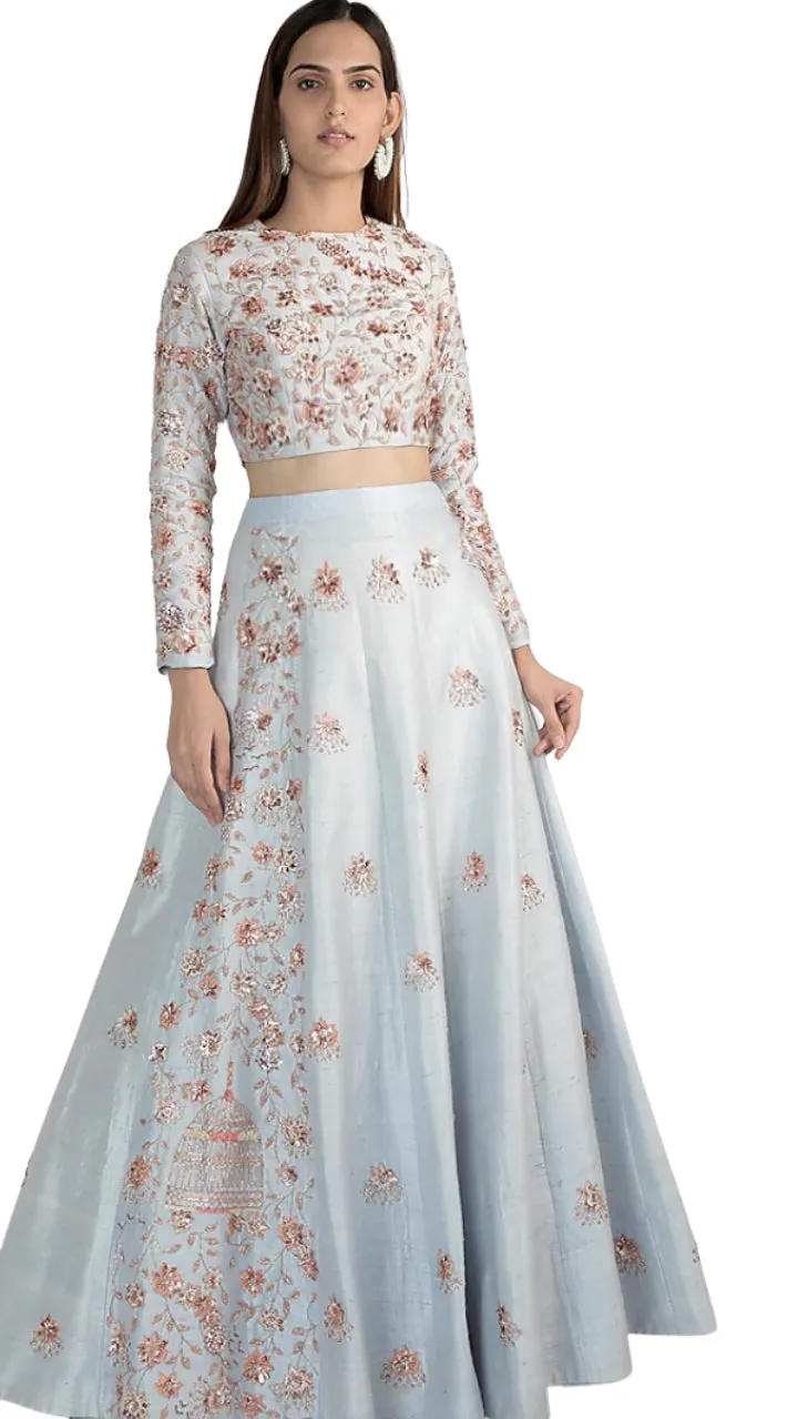 Rose Gold Floral Beaded Powder Blue Lehenga