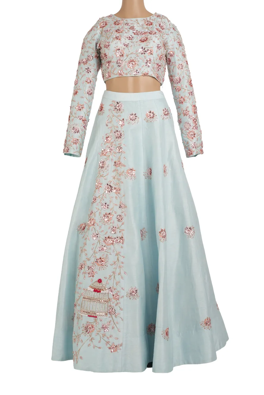 Rose Gold Floral Beaded Powder Blue Lehenga