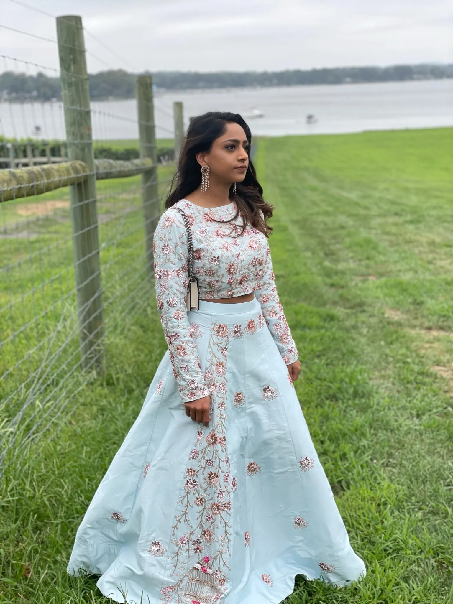 Rose Gold Floral Beaded Powder Blue Lehenga
