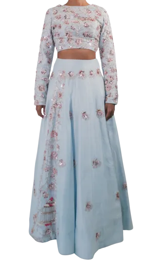 Rose Gold Floral Beaded Powder Blue Lehenga