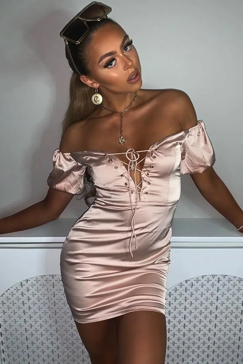 Rose Lace Up Detail Satin Mini Dress - Tinslee