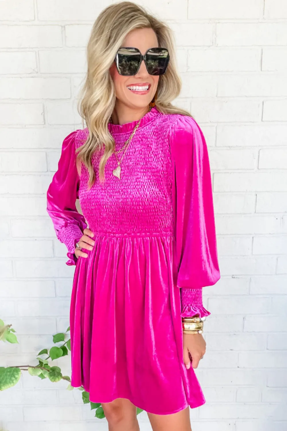 Rose Red Smocked Long Sleeve Ruffle Velvet Dress