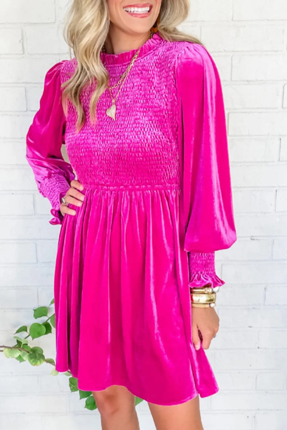 Rose Red Smocked Long Sleeve Ruffle Velvet Dress