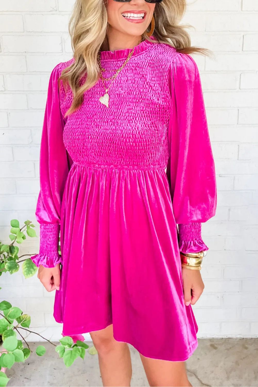 Rose Red Smocked Long Sleeve Ruffle Velvet Dress