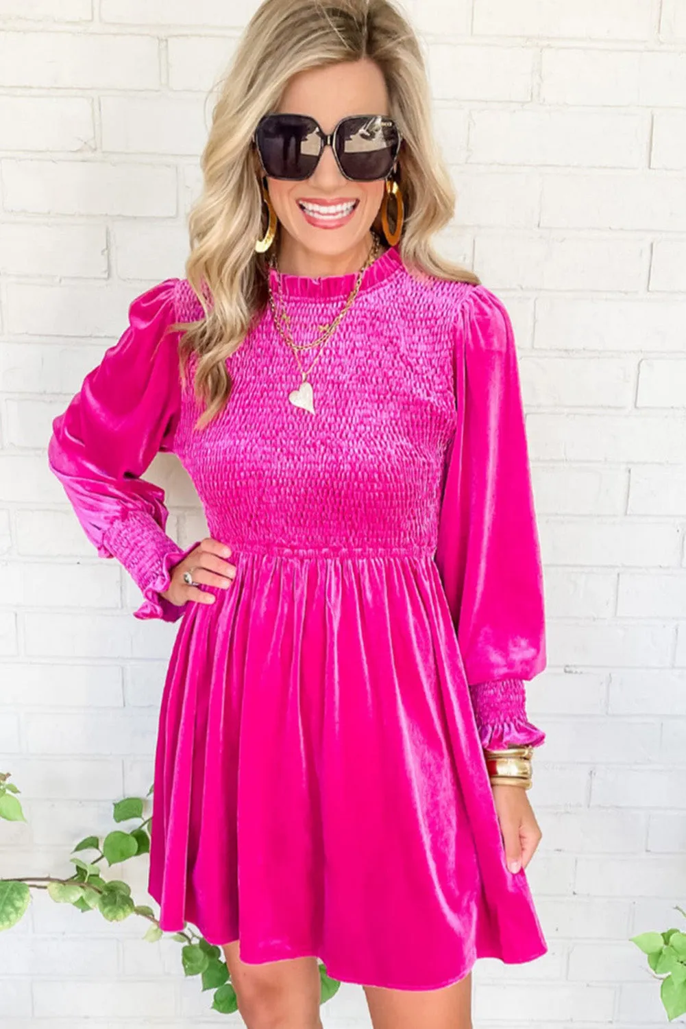 Rose Red Smocked Long Sleeve Ruffle Velvet Dress