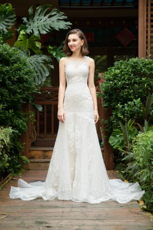 Roseli - Selena Huan light-weighted Asymmetric Lace Illusion Trumpet Gown