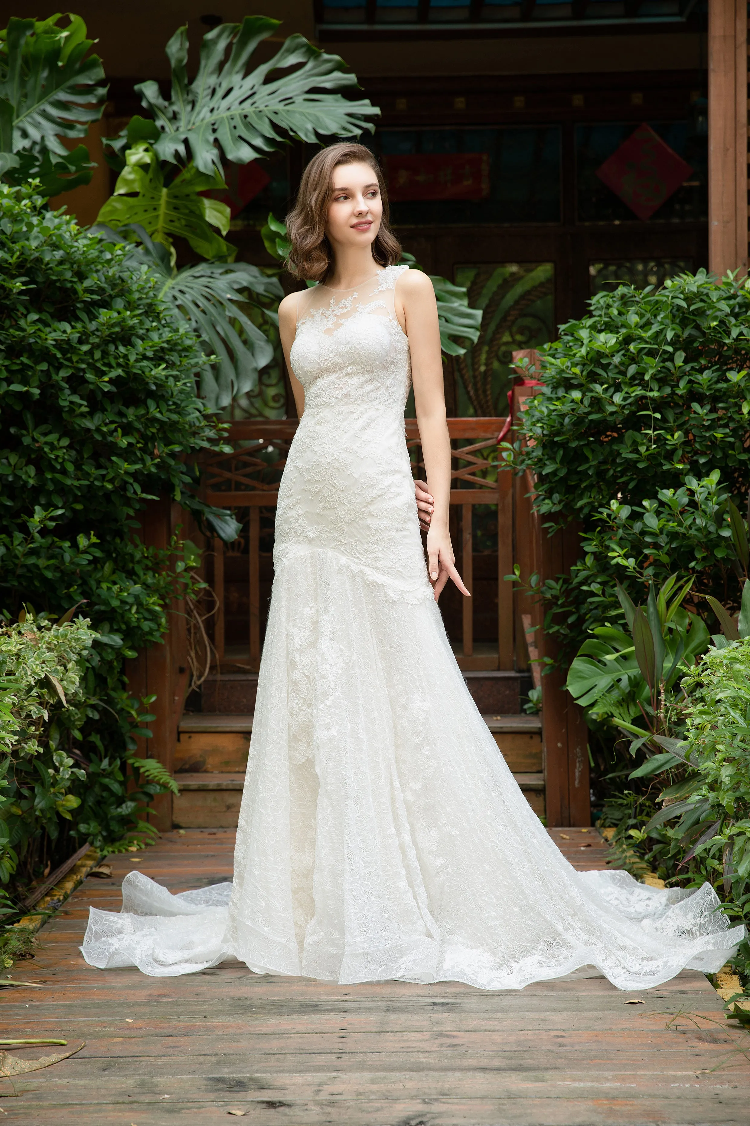Roseli - Selena Huan light-weighted Asymmetric Lace Illusion Trumpet Gown